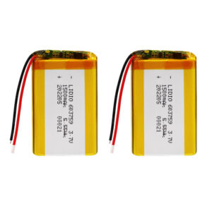 2PCS 603759 1500mAh 3.7V Grade A Li-Polymer rechargeable batteries with protection board, both batteries front view showing battery labels and red/black wires