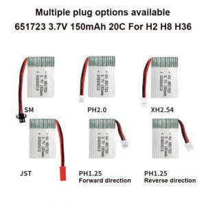 651723 150mAh 3.7V 20C high-discharge Li-Po battery for H8 H36 RC drone, 24.5×17.4×7.5mm, 6g, front view showing battery body and connector plug