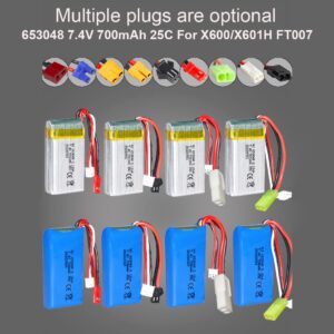653048 700mAh 7.4V 25C 2S Li-Po battery pack for X600 X601H FT007 RC drone, 9 plug type and color variants including JST Gray/Blue, SM Gray/Blue, Xiaotiangang Gray/Blue, EL-2P Gray/Blue, and XH2.54 Gray on white background
