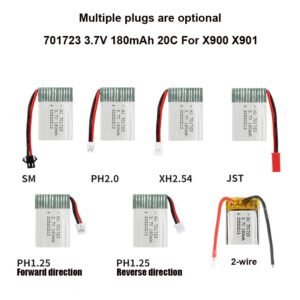 701723 180mAh 3.7V 20C high-discharge Li-Po battery for X900 X901 RC drone, 5 plug types comparison view showing JST, XH2.54, PH2.0, PH1.25 forward and reverse connectors on white background