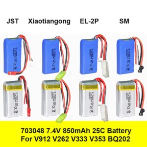 703048 850mAh 7.4V 25C 2S Li-Po battery for V912 V262 V333 RC drone, 8 plug type and color variants comparison view showing JST Blue/Gray, SM Blue/Gray, EL-2P Blue/Gray, and Xiaotiangong Blue/Gray connectors on white background