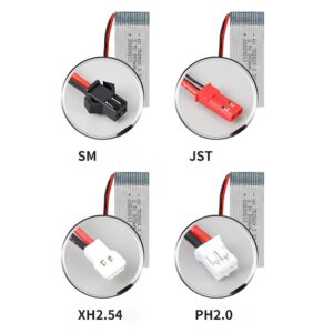 752560 900mAh 3.7V 25C high-discharge Li-Po battery for 8807 8807W RC drone, 3 plug types comparison view showing JST, SM, and XH2.54 connectors on white background