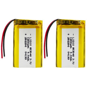 2PCS 803048 1200mAh 3.7V Grade A Li-Polymer rechargeable batteries with protection board, both batteries front view showing battery labels and red/black wires