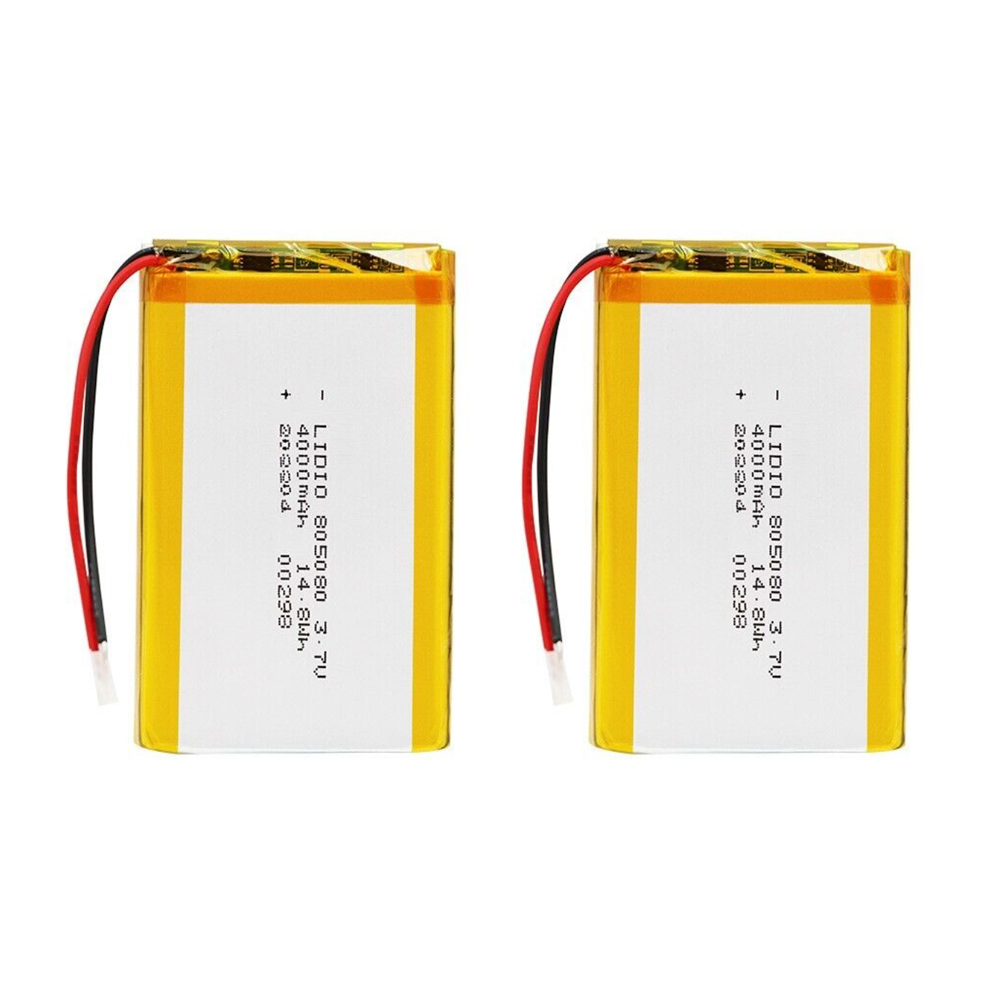 2PCS 805080 4000mAh 3.7V Li-Polymer rechargeable batteries with protection board, both batteries front view showing battery labels and red/black wires
