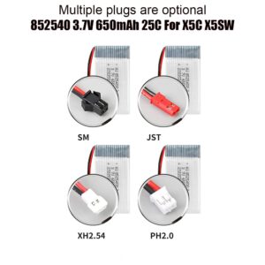 852540 650mAh 3.7V 25C high-discharge Li-Po battery for X5C X5SW FY550 RC drone, 4 plug types comparison view showing JST, SM, XH2.54, and PH2.0 connectors on white background