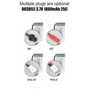 903052 1800mAh 3.7V 25C high-discharge Li-Po battery for RC drone, 4 plug types comparison view showing JST, SM, XH2.54, and PH2.0 connectors on white background