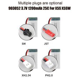 903052 1200mAh 3.7V 25C high-discharge Li-Po battery for X5S X5SW RC drone, 4 plug types comparison view showing JST, SM, XH2.54, and PH2.0 connectors on white background