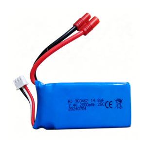 903462 2000mAh 7.4V 25C 2S Li-Po battery for K70 RC drone helicopter, front view showing battery body and red/black Banana Plug (4mm) connectors on white background
