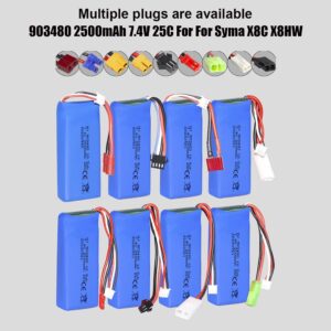 903480 2500mAh 7.4V 25C 2S Li-Po hard case battery for X8C X8HW RC drone, 9 plug types comparison view showing JST, SM, EL-2P, KET-2P, T, SM-4P, Xiaotiangong, XT30, and Banana connectors on white background