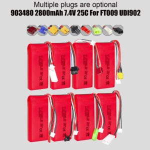 903480 2800mAh 7.4V 25C 2S Li-Po hard case battery for FT009 UDI902 RC boat, 8 plug types comparison view showing JST, SM, EL-2P, KET-2P, T, SM-4P, Xiaotiangong, and XT30 connectors on white background