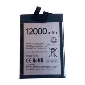 BAT22M2012000 12000mAh 3.85V Li-ion replacement battery for Doogee S89 Pro rugged phone, front view on white background showing battery surface and connector flex cable