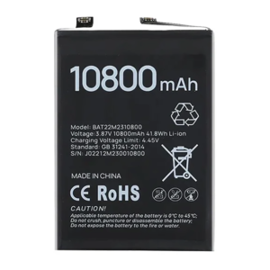 BAT22M2310800 10800mAh 3.87V Li-Polymer replacement battery for Doogee V30, black label front view showing battery surface and connector flex cable