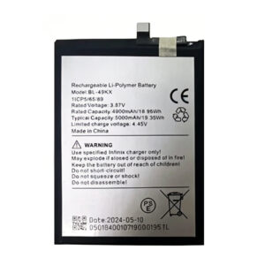 BL-49KX 5000mAh 3.87V Li-Polymer replacement battery for Infinix Note 11 X663 and Note 12 Pro, front view on white background showing battery surface and connector flex cable