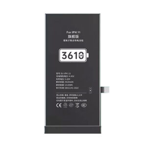 DJ-IPH11 3610mAh 3.83V high capacity Li-ion replacement battery for iPhone 11, front view on white background showing battery surface and connector flex cable