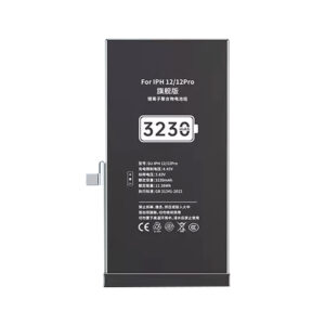 DJ-IPH-12-12Pro 3230mAh 3.83V high capacity Li-ion replacement battery for iPhone 12 and 12 Pro, front view on white background showing battery surface and connector flex cable