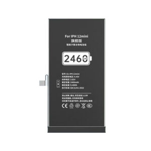 DJ-IPH12mini 2460mAh 3.85V high capacity Li-ion replacement battery for iPhone 12 mini, front view on white background showing battery surface and connector flex cable