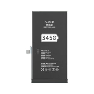 DJ-IPH13 3450mAh 3.84V high capacity Li-ion replacement battery for iPhone 13, front view on white background showing battery surface and connector flex cable