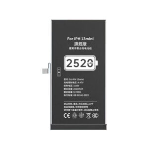 DJ-IPH13Mini 2520mAh 3.88V high capacity Li-ion replacement battery for iPhone 13 mini, front view on white background showing battery surface and connector flex cable