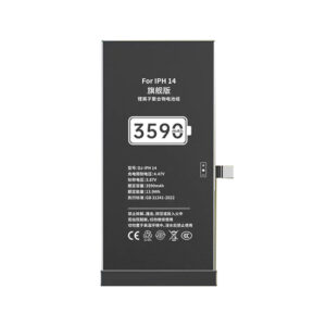 DJ-IPH14 3590mAh 3.87V high capacity Li-ion replacement battery for iPhone 14, front view on white background showing battery surface and connector flex cable