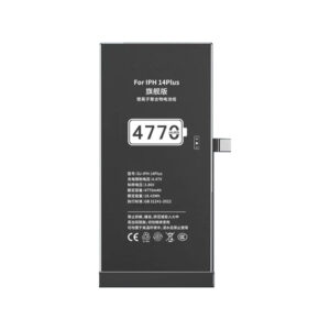DJ-IPH14Plus 4770mAh 3.86V high capacity Li-ion replacement battery for iPhone 14 Plus, front view on white background showing battery surface and connector flex cable