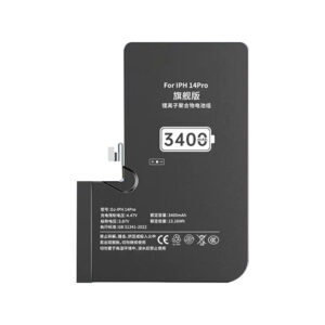 DJ-IPH14Pro 3400mAh 3.87V high capacity Li-ion replacement battery for iPhone 14 Pro, front view on white background showing battery surface and connector flex cable