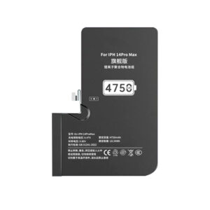 DJ-IPH14ProMax 4750mAh 3.86V high capacity Li-ion replacement battery for iPhone 14 Pro Max, front view on white background showing battery surface and connector flex cable