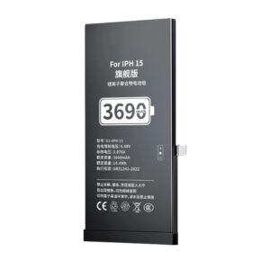 3690mAh 3.876V high capacity Li-ion replacement battery for iPhone 15 A2846, front view on white background showing battery surface and connector flex cable