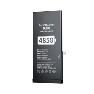 DJ-IPH15Plus 4850mAh 3.867V high capacity Li-ion replacement battery for iPhone 15 Plus, front view on white background showing battery surface and connector flex cable