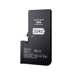 DJ-IPH15Pro 3540mAh 3.879V high capacity Li-ion replacement battery for iPhone 15 Pro, front view on white background showing battery surface and connector flex cable