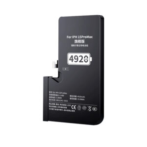 DJ-IPH15ProMax 4920mAh 3.869V high capacity Li-ion replacement battery for iPhone 15 Pro Max, front view on white background showing battery surface and connector flex cable