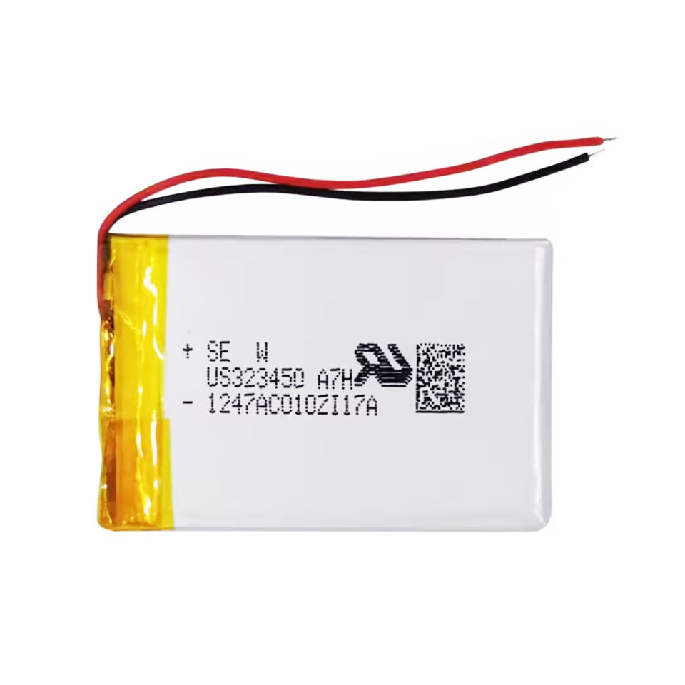 323450 3.7V Li-ion Polymer replacement battery for Sony Walkman MP3 players, horizontal front view showing battery surface with red and black wires