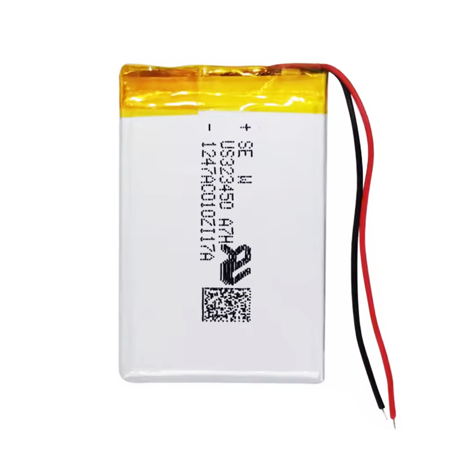 323450 3.7V Li-ion Polymer replacement battery for Sony Walkman NW-E393, vertical front view showing battery label and wire orientation