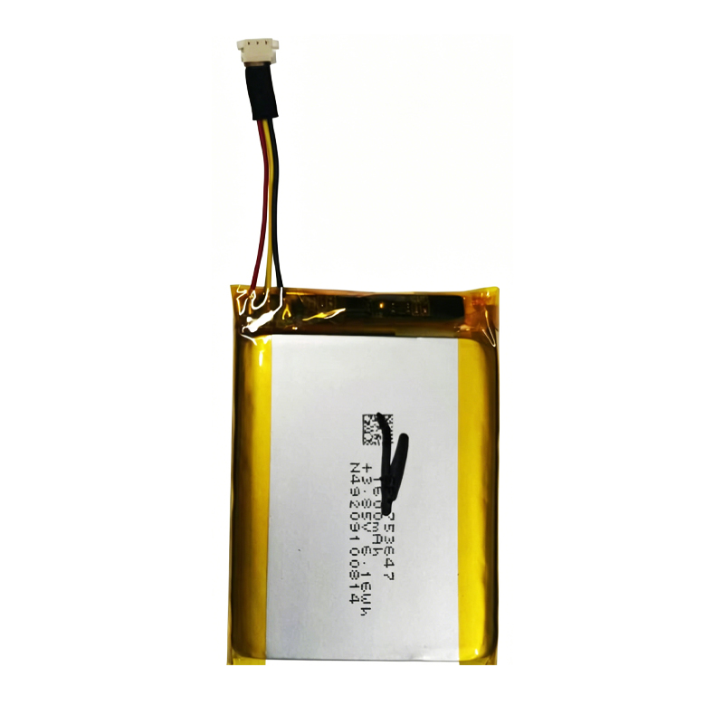 753647 1600mAh 3.85V 3-wire Li-ion Polymer battery, back view showing model number 753647, capacity 1600mAh, and voltage 3.85V on spec label