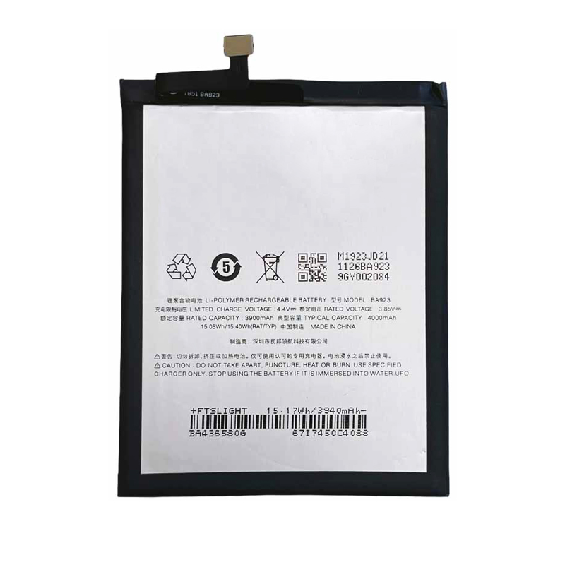 BA923 4000mAh 3.85V Li-ion Polymer replacement battery for Meizu Note 9 M923H, front view showing battery surface and small 2-pin connector