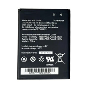 CPLD-194 1400mAh 3.7V Li-ion Polymer replacement battery for Coolpad Snap 3312A, front view showing battery surface and small 2-pin connector