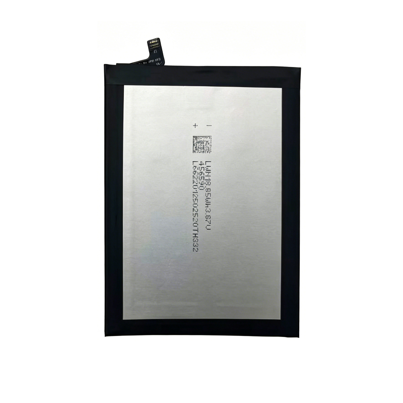 TM001 5000mAh 3.87V replacement battery for REVVL 6 Pro, Revvl V Plus 5G, and Rewiv+5G WTRVL, back view showing model number TM001, capacity 5000mAh, and voltage 3.87V on spec label
