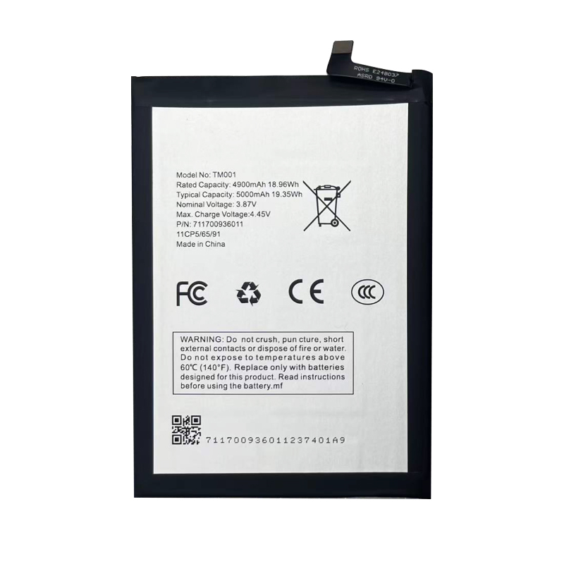 TM001 5000mAh 3.87V Li-ion Polymer replacement battery for REVVL 6 Pro, Revvl V Plus 5G, and Rewiv+5G, front view showing battery surface and small 2-pin connector