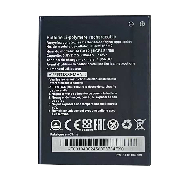BAT-A12 2000mAh 3.8V replacement battery for Acer Liquid Z520 and Z520 Dual SIM, back view showing model number BAT-A12, capacity 2000mAh, and voltage 3.8V on spec label