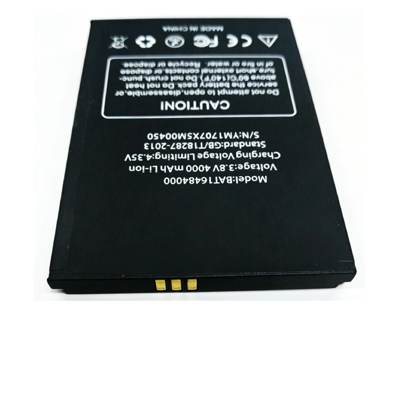 BAT16484000 4000mAh 3.8V replacement battery for DOOGEE X5 MAX and X5 Max Pro, close-up detail view showing positive and negative terminals and small 2-pin connector on the battery