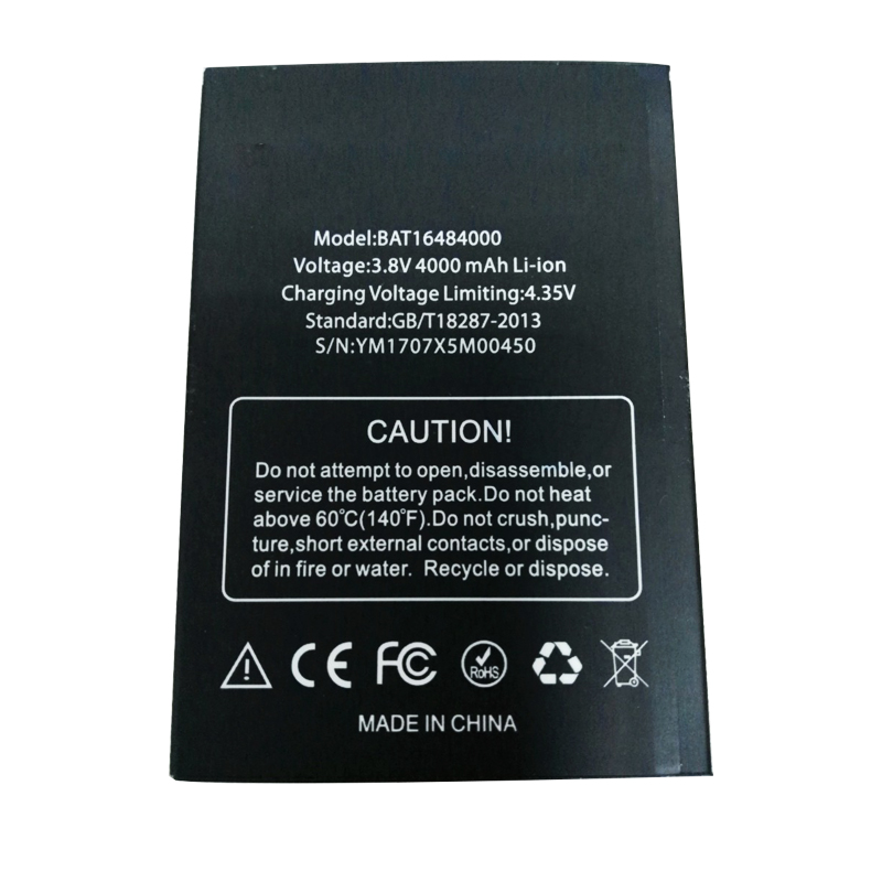BAT16484000 4000mAh 3.8V Li-ion Polymer replacement battery for DOOGEE X5 MAX and X5 Max Pro, front view showing battery surface and small 2-pin connector