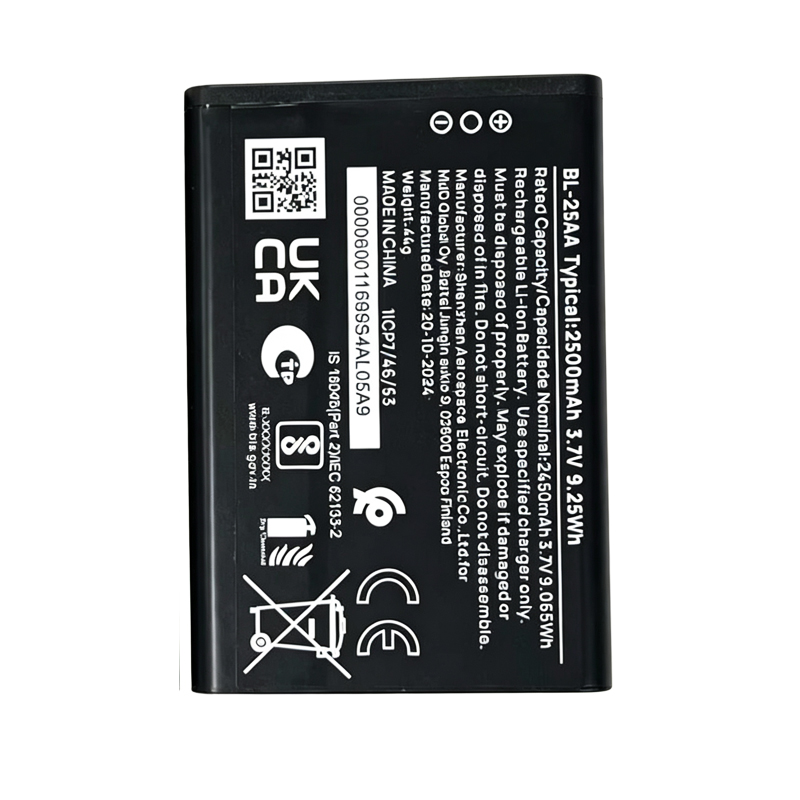 BL-25AA 2500mAh 3.7V Li-ion Polymer replacement battery for Nokia smartphones, front view showing battery surface and small 2-pin connector