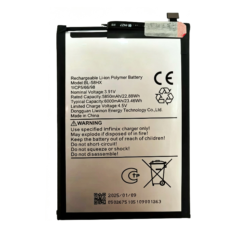 BL-58HX 6000mAh 3.91V Li-ion Polymer replacement battery for Infinix Smart 10 Plus X6725C, front view showing battery surface and small 2-pin connector