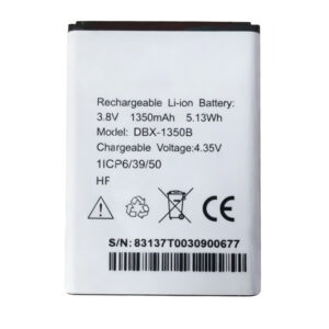 DBX-1350B 1350mAh 3.8V Li-ion Polymer replacement battery for DORO 7050 and Consumer Cellular, front view showing battery surface, model number DBX-1350B, and small 2-pin connector