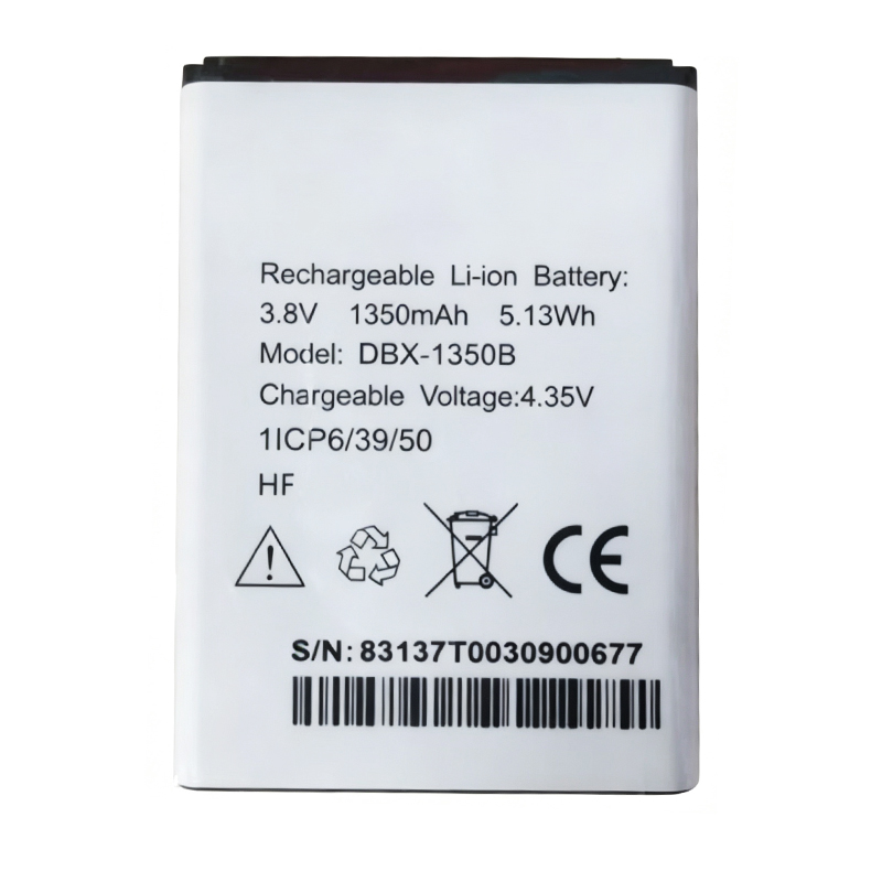 DBX-1350B 1350mAh 3.8V Li-ion Polymer replacement battery for DORO 7050 and Consumer Cellular, front view showing battery surface, model number DBX-1350B, and small 2-pin connector