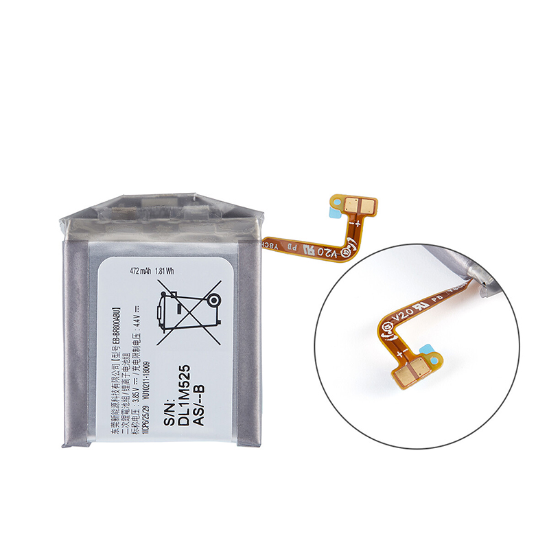 EB-BR800ABU 472mAh replacement battery for Samsung Galaxy Watch S4 SM-R800 and SM-R805, connector view showing the small 2-pin connector plug