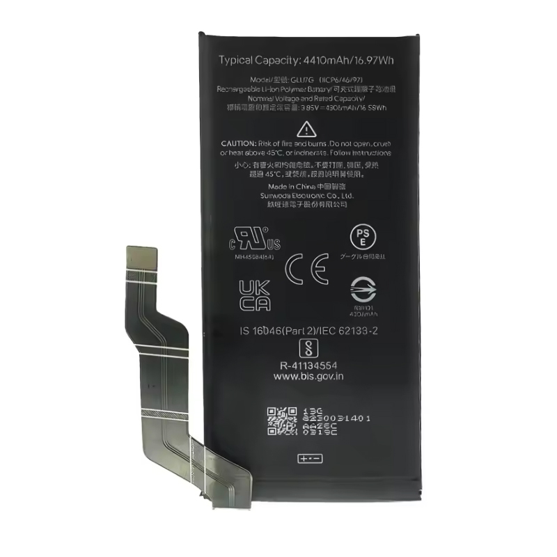 GLU7G 4410mAh 3.85V Li-ion Polymer replacement battery for Google Pixel 6A 5G GX7AS, GB62Z, and G1AZG, front view showing battery surface and small 2-pin connector