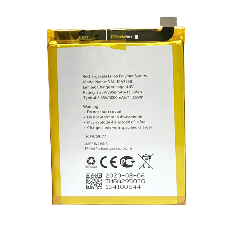 NBL-40A2950 3000mAh 3.85V Li-ion Polymer replacement battery for TP-Link Neffos C9s TP7061C and TP7061A, front view showing battery surface and small 2-pin connector