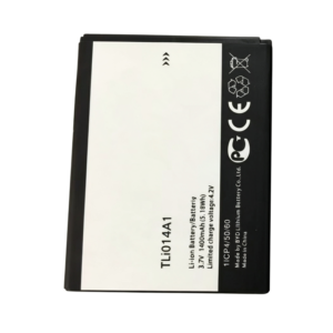 TLI014A1 1400mAh 3.7V Li-ion Polymer replacement battery for TCL 121, J300, J310, and J210, front view showing battery surface and small 2-pin connector