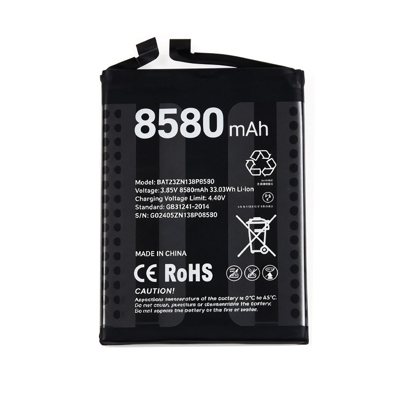BAT23ZN138P8580 8580mAh 3.85V Li-ion Polymer replacement battery for DOOGEE T30 Ultra, front view showing battery surface and small 2-pin connector
