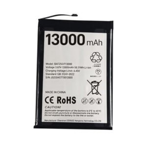 BAT25G1T13000 13000mAh 3.87V Li-ion Polymer replacement battery for Doogee Fire 7, Fire 7 Pro, and Fire 7 Ultra, front view showing battery surface and small 2-pin connector